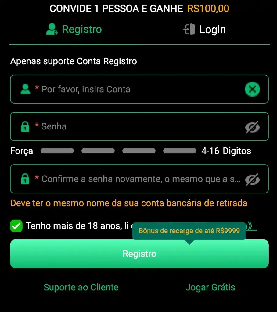 Tela de cadastro no site do 735BET cassino